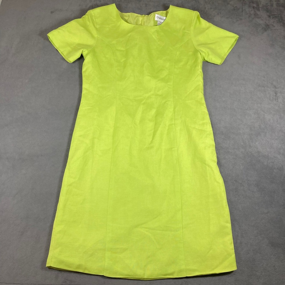 Chadwicks Lime Green Linen Blend Short Sleeve Shift Dress Neon Size 10
